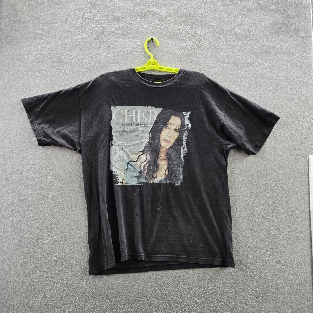 VINTAGE Cher Men XL Shirt Black Giant Believe Tour 2000 Tee Short Sleeve READ